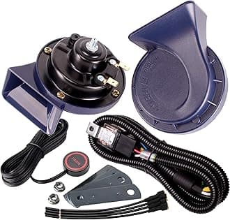 FARBIN Horn 12V Car Horns Loud Dual-Tone Waterproof Auto Horns Electric Snail Horn Kit with Relay Harness and Switch Button,Universal for Any 12V Vehicles (Blue horn with wire harness and button, 12v)