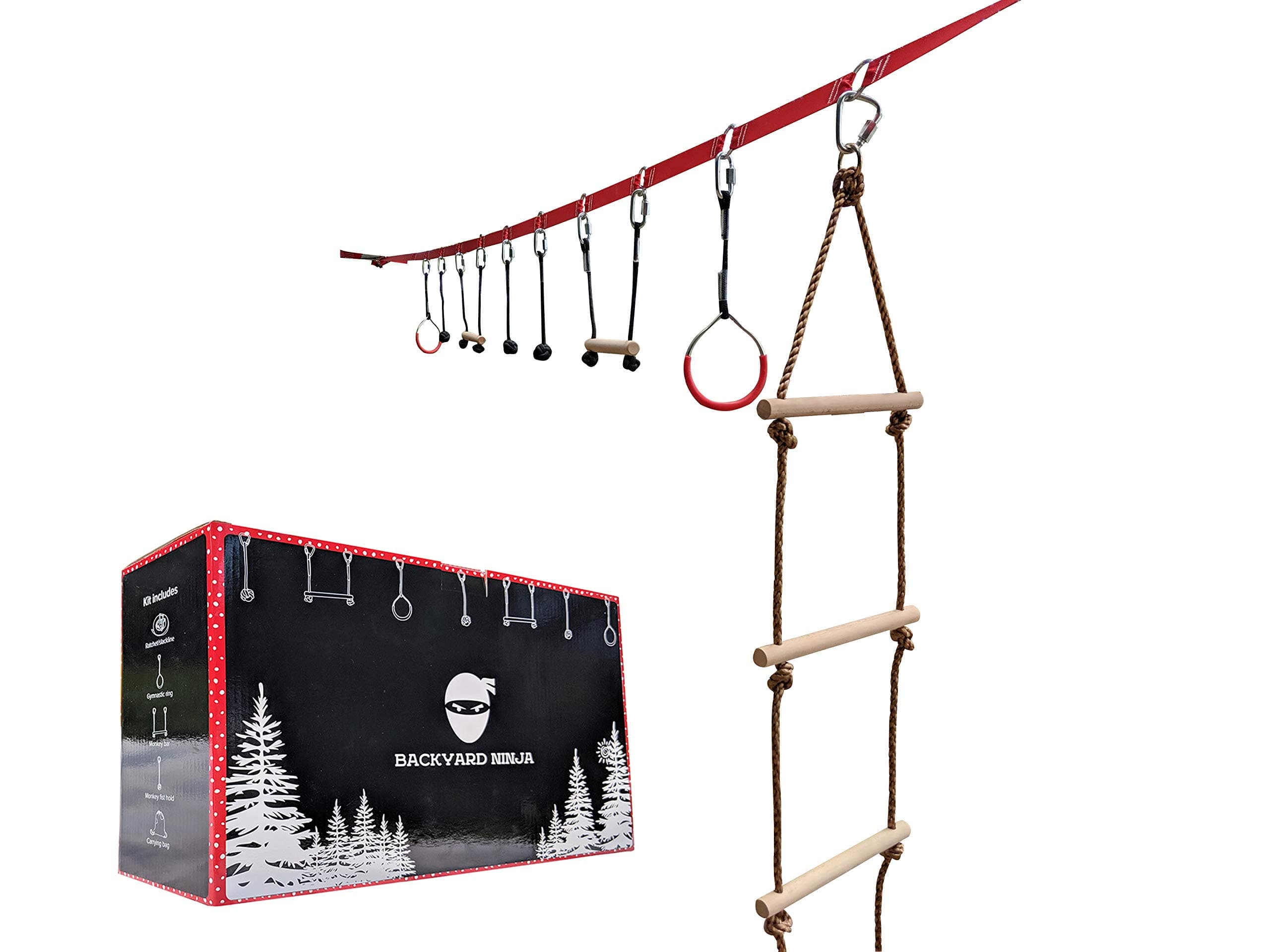 Backyard Ninja Backyard 45 Foot Ninja Obstacle Course | Inspired by American Ninja Warrior Training Equipment | Slackline Swinging Monkey Bars Includes 9 Hanging Obstacles for Kids with Ladder