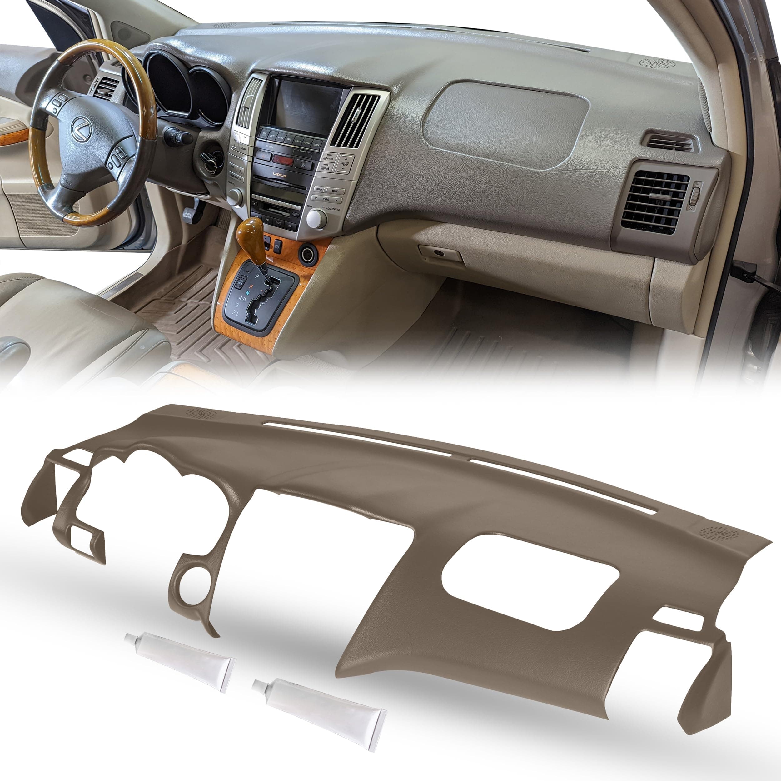 Dash Cover Compatible with 2004-2009 Lexus RX 330 RX 350 RX 400h in Sandalwood Tan Without Center Speaker Holes - Hard Molded Plastic Dashboard Cap