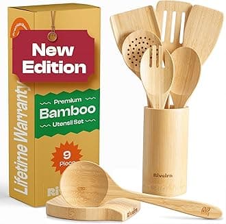 Riveira Natural Bamboo Wooden Cooking Utensils Set of 9 Premium Quality Non-Toxic Wooden Spoons and Spatulas for Cooking