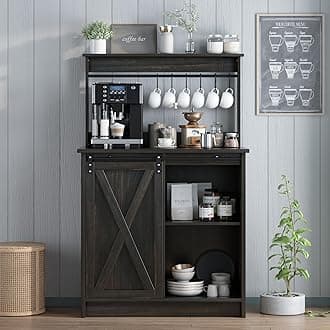 4ever2buy Farmhouse Coffee Bar with Hutch, 31 Inch Buffet Cabinet with Sliding Barn Door, Storage Bar Cabinet with 6 Hooks, Coffee Bar Table with Adjustable Shelves for Living Dining Room, Oak