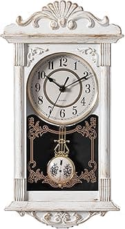 Clockswise Quickway Imports Vintage Grandfather Wood- Looking Plastic Pendulum Wall Clock for Living Room, Kitchen, or Dining Room, White