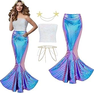 Newcotte 4 Pcs Mermaid Costume for Women Sequin Tube Top Skirt Pearl Waist and Head Chain for Halloween Cosplay