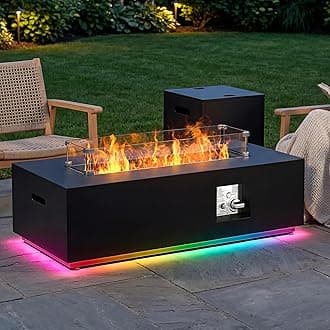 42" Propane Fire Pit Table with LED Light - 50,000 BTU with Wind Guard, Lid, Rocks and Cover - Outdoor Gas Fire Pit Rectangle - Coffee Table with Fire Pit (Black/RGB Light, 42" LED)