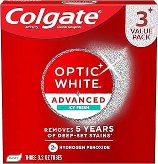 Colgate Optic White Advanced Hydrogen Peroxide Toothpaste Pack, Teeth Whitening Toothpaste, Enamel-Safe Hydrogen Peroxide Formula, Helps Remove Tea, Coffee, and Wine Stains, Icy Fresh, 3 Pack, 3.2 oz