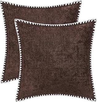 BRAWARM Throw Pillow Covers 18x18 Inches - Coffee Chenille Pillow Covers with Piping, Pack of 2 Solid Dyed Soft Chenille Pillow Cases for Couch Sofa Bed Home Decoration