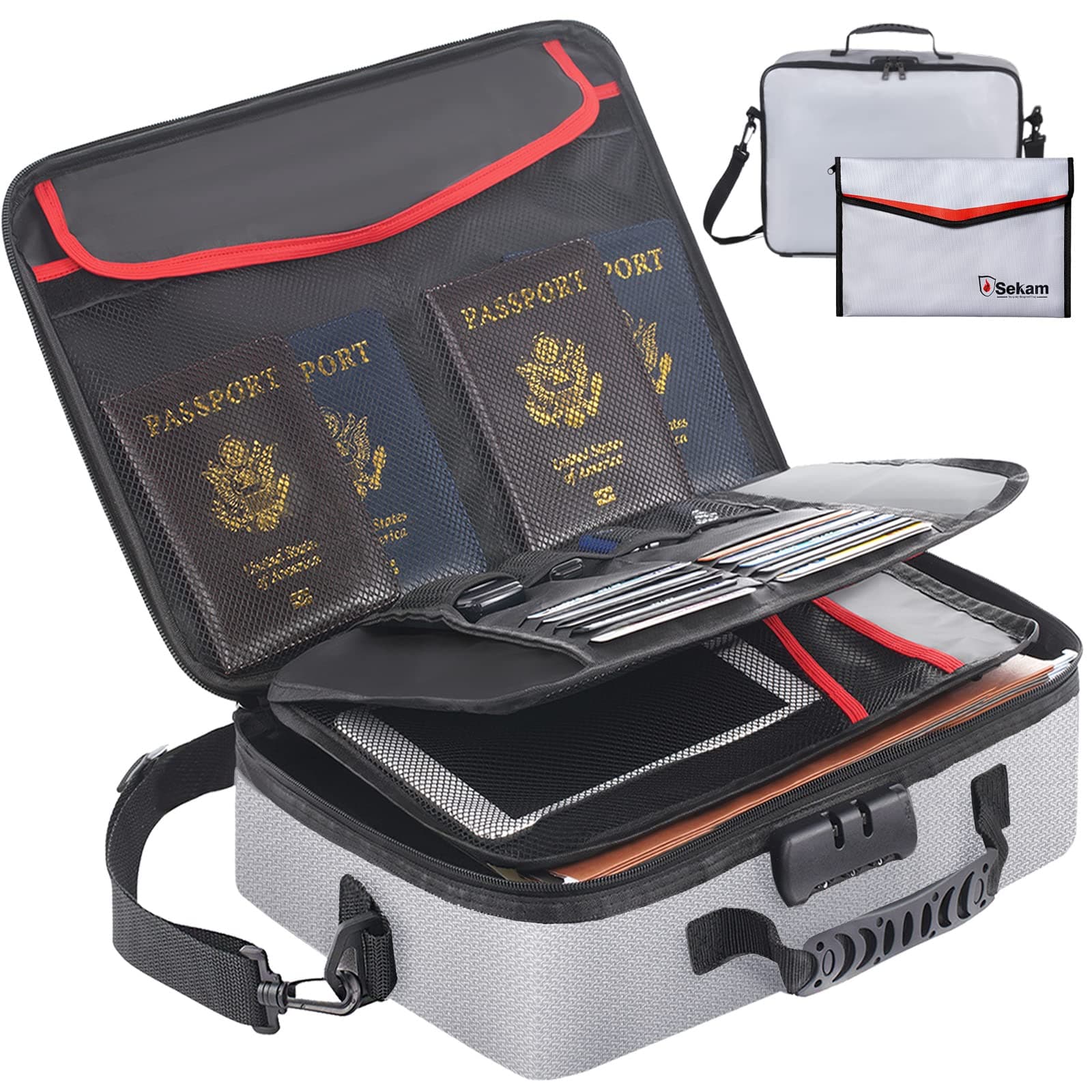 SEKAM Fireproof Document Bag with Lock & Fireproof Money Bag for Cash Set, Fireproof Document Safe Organizer for Travel, Fireproof File Storage Bag with Lock, Multi-Layer Portable File Organizer Gray