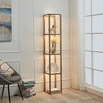 FENLO Fantasy 66" Luxury Glass Display Shelf with Dimmable LED Floor Lamps, Sturdy Glass Shelf for Bedroom, Floor Lamp with Shelves - Rustic Wood
