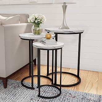 Lavish Home Nesting Tables - Set of 3 Round Side Tables for Living Room, Bedroom, or Home Office - Faux Marble End Table Set - Modern Living Room Furniture (White)