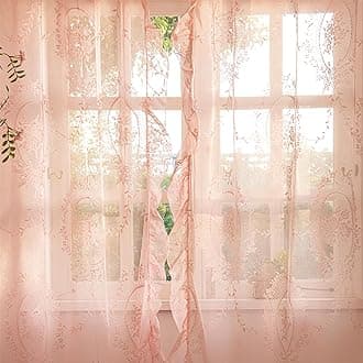 Deeprove Pink Lace Curtains 63 Inches Length 2 Panels Set,Sheer Florals Scallop Ruffle Edge, Chic Vintage Window Treatment Pair Christmas Decor Drapes for Bedroom, Rod Pocket, W57 x L63