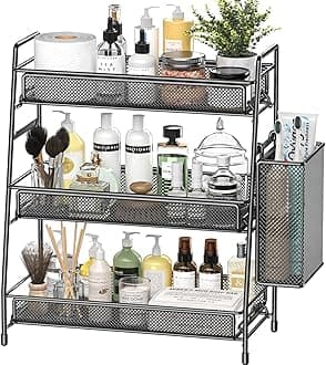 EKNITEY Bathroom Countertop Organiser Shelf - 3 Tier Counter Spice Rack Metal Makeup Rack Small Coffee Station Organizer for Sink/Bedroom/Living room/Kitchen/Office Balck