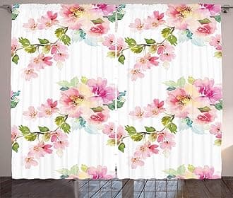 Floral Curtains by Ambesonne, Watercolor Stylized Shabby Chic Nature Petals in Soft Tones Artsy Picture, Living Room Bedroom Window Drapes 2 Panel Set, 108W X 84L Inches, Light Pink Fern Green