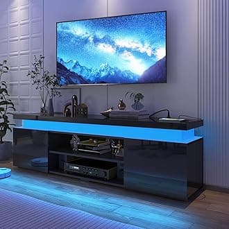 LED TV Stand for 75 Inch TV, Modern TV Stand with Power Outlet, High Gloss TV Console Entertainment Center with Storage and LED Lights for Living Room, Bedroom (66 Inch, Black)