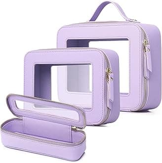 Travel Makeup Set Waterproof Transparent Cosmetic Bag and Toiletry Bag Makeup Brush case with Zipper Car Essentials for Women (Purple, L+M+SLIM)