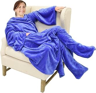 Catalonia Wearable Fleece Blanket with Sleeves and Foot Pockets for Adult Women Men, Micro Plush Comfy Wrap Sleeved Throw Blanket Robe Large, Blue