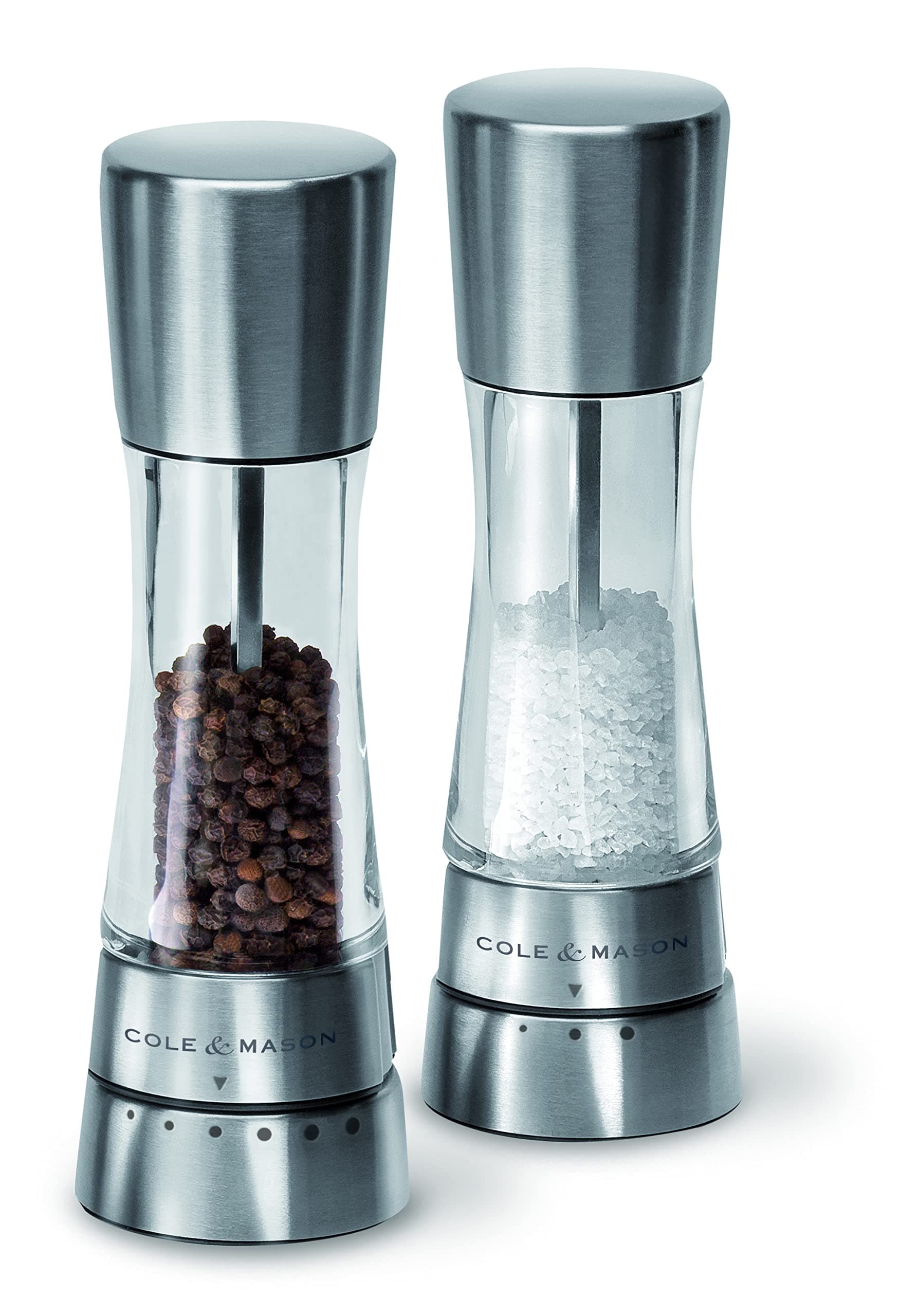 Derwent Salt and Pepper Mills, Adjustable Grind Settings, Gourmet Precision+, Stainless Steel/Acrylic, 190 mm, Gift Set, Includes 2 x Salt and Pepper Grinders