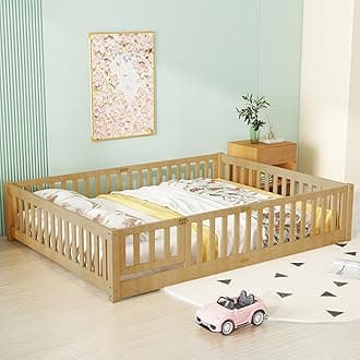Bellemave Queen Size Floor Bed with Door,Kids Montessori Floor Bed with Slats and Fence,Solid Wood Queen Bed Frame for Girls Boys(Queen,Natural)