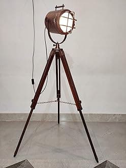 Aluminum and Wooden Tripod Floor Spotlight Lamp Antique Decor Decorative Lamps Copper Finish Home Decor (Brown)