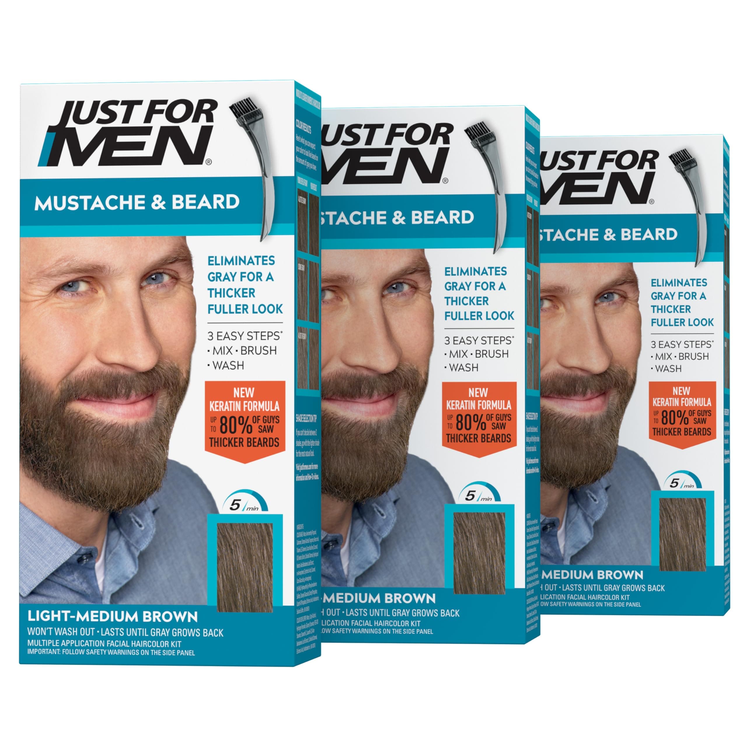 Mustache & Beard, Beard Dye for Men with Brush Included for Easy Application, With Biotin Aloe and Coconut Oil for Healthy Facial Hair - Light-Medium Brown, M-30, Pack of 3