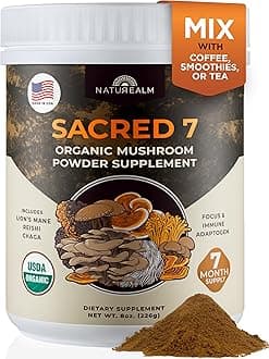 Naturealm Sacred 7 Organic Mushroom Powder Supplement | 7-Month Supply | 7-in-1 Blend with Lions Mane, Reishi, Chaga | Brain & Immune Support | 100% Fruiting Bodies for Coffee & Smoothies