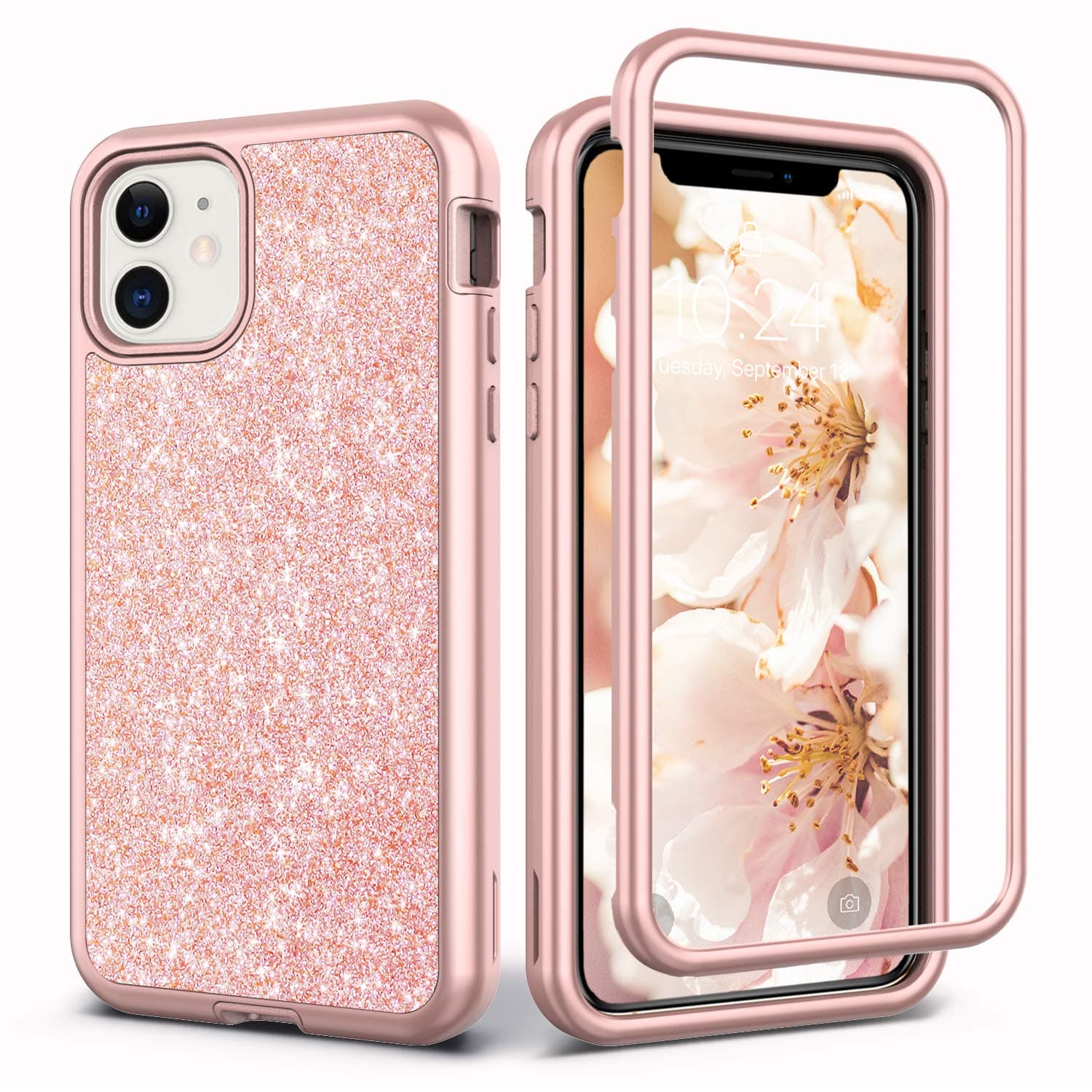 Coolwee Glitter Full Protective Case for iPhone 11 Heavy Duty Hybrid 3 in 1 Rugged Shockproof Women Girls Rose Gold for iPhone 11 6.1 inch Shiny Bling