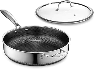 HexClad Hybrid Nonstick 4.5-Litre Deep Sauté Pan with Tempered Glass Lid, Stay-Cool Handle, Dishwasher-Friendly, Oven-Safe Up to 480°C, Induction Ready, Compatible with All Cooktops