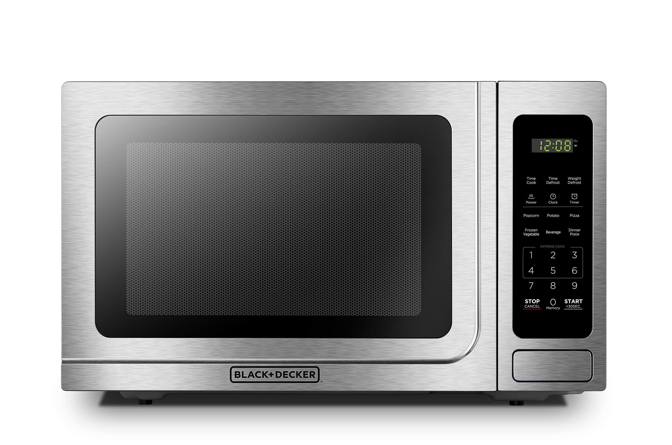 EM036AB14 Digital Microwave Oven with Turntable Push-Button Door, Child Safety Lock, Stainless Steel, 1.4 Cu.ft