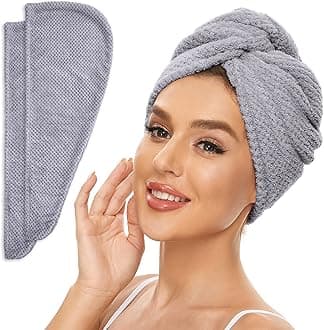 2 Pack Microfiber Hair Towel Wrap for Women, Anti Frizz Quick Drying Hair Turban for All Hair Style, Absorbent and Lightweight (Grey)
