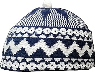 Mens Zigzag HAJI Cap - Kufi All Season Muslim Prayer TOPI Beanie HAT Crown with White Ball - Stretchable ONE Size