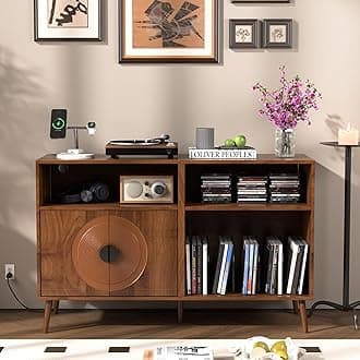 Large Record Player Stand, Mid Century Turntable Stand with Door, Record Player Table Holds Up to 350 Albums,Vinyl Display Shelf for Bedroom Living Room