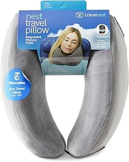 Nest Neck Support Pillow - Travel Essentials, Memory Foam, Compact Travel Pillow for Long Flights, Plane Sleeping Accessories, Comfortable, Compact, Washable, Attaches to Luggage - Gray
