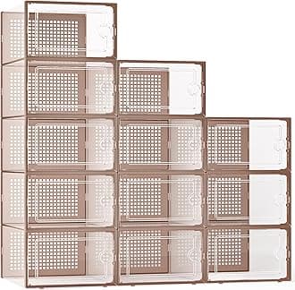 Kuject X-Large Shoe Storage Boxes Organizers for Closet 12 Pack, Fit Size 11,Clear Plastic Stackable Sneaker Containers for Entryway, Dark Brown