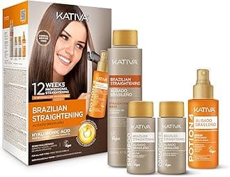 KATIVA Brazilian Keratin Straightening Kit - Alisado Brasileño Keratina + Potion 4 Heat Protectant Serum, Formaldehyde-Free Smoothing, Anti Frizz, Hyaluronic Acid, Argan Oil, Vegan, Up to 12 Weeks