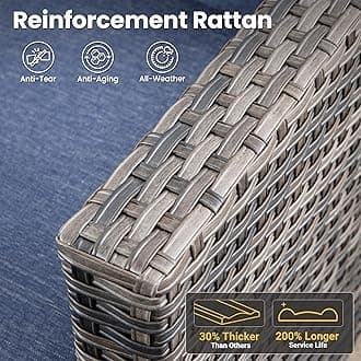 ovios 7 Pieces Patio Furniture Set with Rectangular Fire Pit Table, Swivel Rocking Chairs, Outdoor High Back Wicker Rattan Conversation Set for Deck Porch, Denim Blue