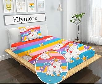 Filymore Unicorn Single Bedsheet for Kids 240 TC Cute Cartoon Design for Girls Room Single Bedspread Made with Pure Microfiber (Size 60 X 90 Inches) 1 Bedsheet with Pillow Cover (Color-Multicolour)