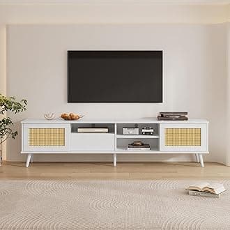 BTM TV Stand Cabinet, Rattan TV Unit with 1 Drawer, 2 Doors & 3 Open Storage Space, Wood TV Stand, 200cm TV Unit for 90 Inch TV, 200x40x49cm