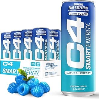 Cellucor C4 Smart Energy Drink – Boost Focus and Energy with Zero Sugar, Natural Energy, and Nootropics - 200mg Caffeine - Blue Raspberry - 12 FL OZ (355 ml) - Pack of 12