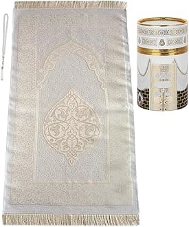 ihvan online Muslim Prayer Rug and Prayer Beads with Elegant Design Cylinder Gift Box, Janamaz, Soft Sajadah, Islamic Gifts Set, Portable Prayers Carpet Mat, Taffeta Fabric, White / Mod2