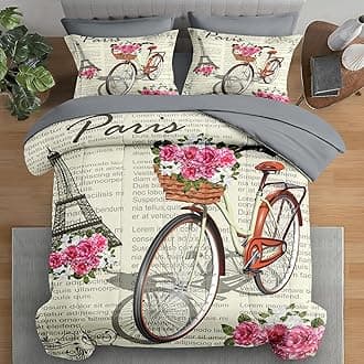 Pamnest Comforter Set King Size, Paris Vintage Bicycle 7 Pcs Bedding for Kids and Adults, Flower Bike Retro Bed Sheet Sets with Fitted Sheet 2 Pillowcases & 2 Shams for Bedroom Bed Decor
