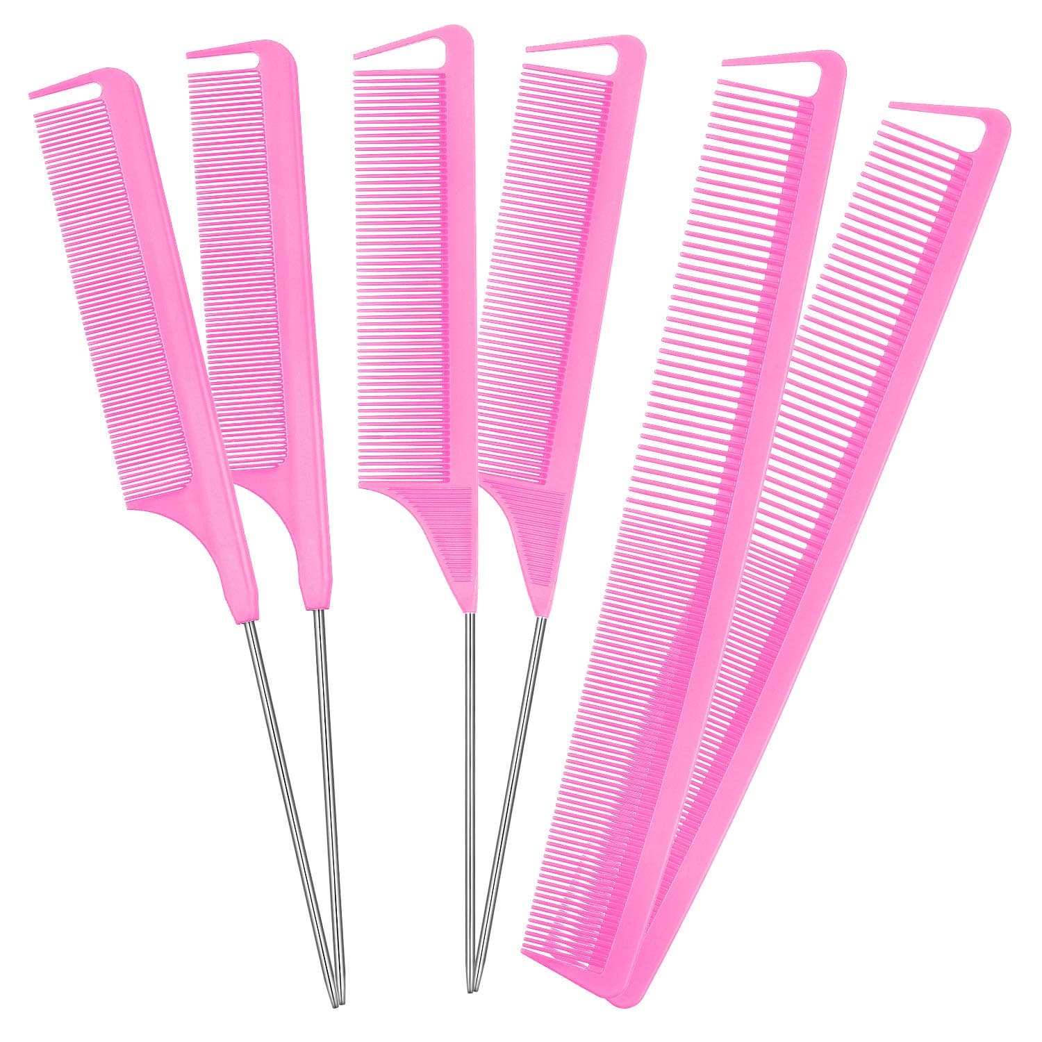 6 Pcs Rat Tail Combs Set, 3 Pcs Long Steel Pin Teasing Combs 3 Fine Tooth and Wide Tooth Comb, Metal Parting Combs for Women Men Salon Hair Stylists(Pink)