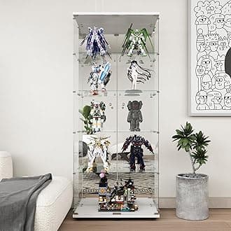 Beauty4U Glass Display Cabinet with Mirror Back Panel, 5 Shelves with 2 Doors, Curio Cabinets for Living Room, Bedroom, Office, White Floor Standing Glass Bookshelf, Quick Installation