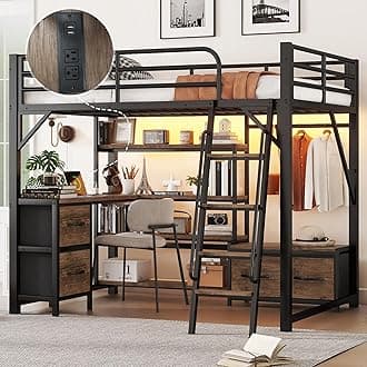 Loft Bed Full Size with Desk and Charging Station, Metal Loft Beds Frame with LED Lights, Bookcase & 4 Fabric Storage Drawers & Bench, Adults Loft Beds with Wardrobe -Safety Guard & Ladder, Black