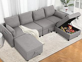 SEJOV Sectional Couch, U-Shaped Modular Sectional Sofa, Grey Couch with Storage Seats, Linen Fabric Sectional Sofa with 4 Seats 2 Ottomans, L Shape Couch, 6 Pieces Modern Couches for Living Room, Grey