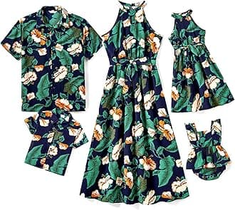 Family Hawaiian Matching Outfits Mommy and Me Outfits Caribbean Vacation Summer Tropical Halter Sundresses and Shirts