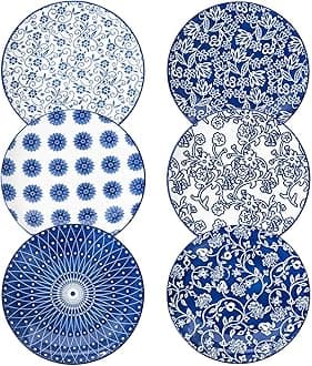 Ceramic Salad Plates Set - 8.5 Inch Small Round Dessert Dishes for Kitchen Dinner Pasta Appetizer Sandwich - Scratch Resistant Porcelain Microwave Oven Dishwasher Safe - Set of 6 - Vintage Blue