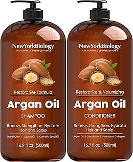 New York Biology Moroccan Argan Oil Shampoo and Conditioner Set - Moisturizing and Volumizing for All Hair Types and Color Treated Hair Men and Women with Keratin Paraben and Sulfate Free – 500 ml