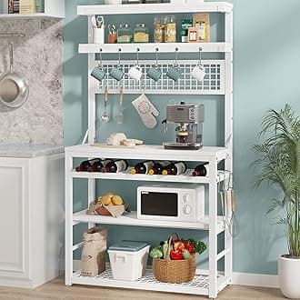 Itaar 6-Tier Baker's Rack, Industrial Coffee Bar, Microwave Stand with Wine Rack and 12 Hooks, Bakers Racks for Kitchens with Storage, White
