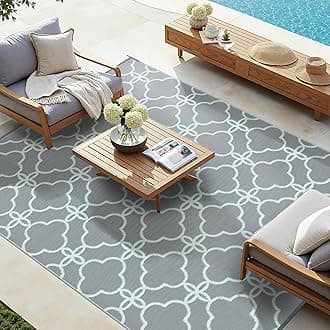 Ashler Outdoor Rug, Outdoor Plastic Straw Rug, 5x8 Reversible Pale Blue Patio Mat, Flower Modern Design for RV, Backyard, Deck, Camping, Picnic, Spring, Durable & Weather-Resistant Large Area Rug