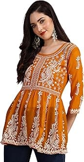 EthnicJunction Georgette Women Chikan Embroidery Short A-Line Kurti | Summer Kurti | Short Kurti for Women | Top for Office | Women's Tunics Tops | Kurta Shirt Top | Regular Fit Top