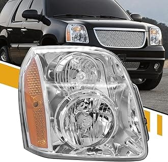 Headlight Assembly Compatible with GMC Yukon/Yukon XL 1500 2500 2007-2014, Factory-Style Head Lamp Replacement OE#15861026 20969895, Chrome Housing+Amber Side, Right Passenger Side